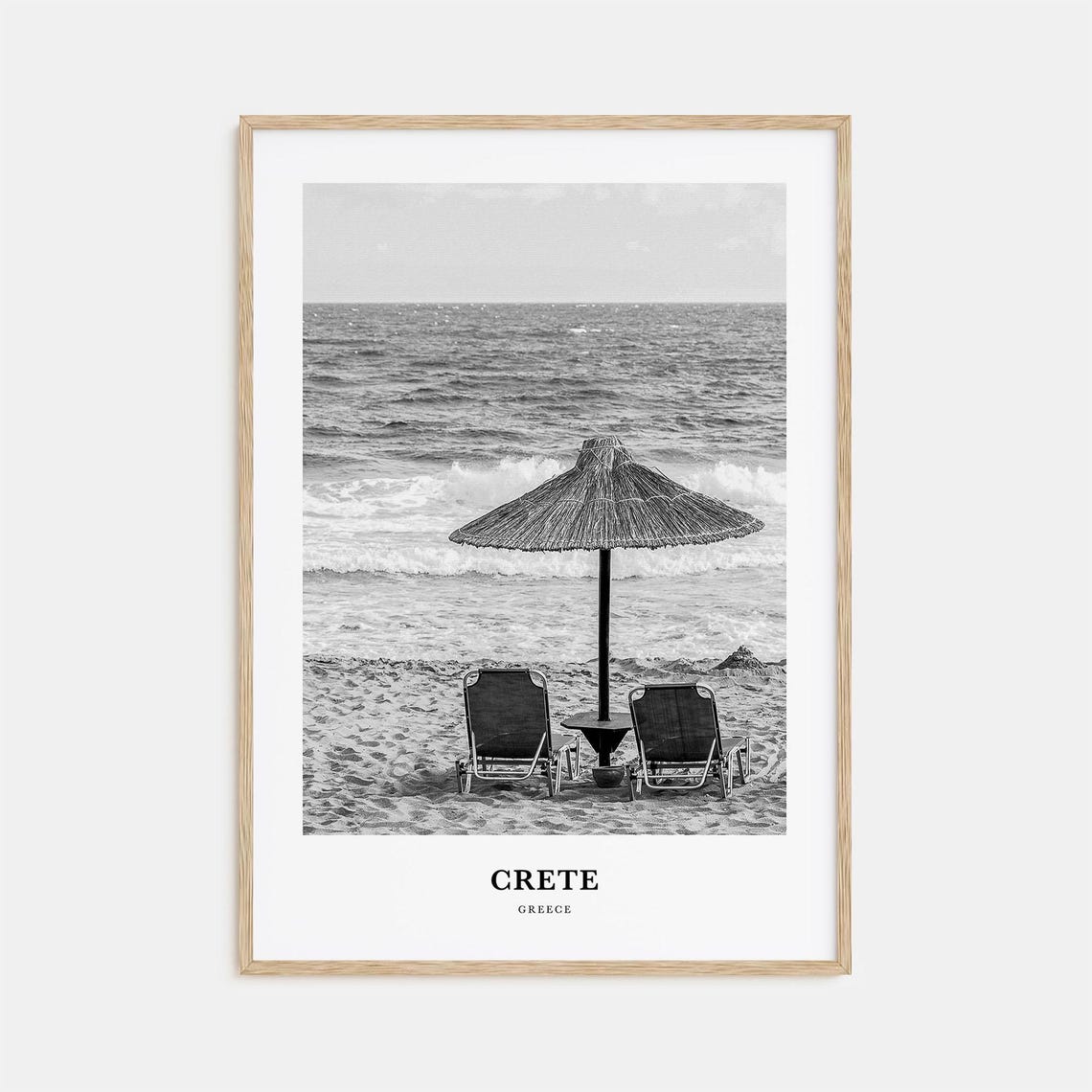 Crete Greece Straw Umbrella Beach Loungers Black White Poster