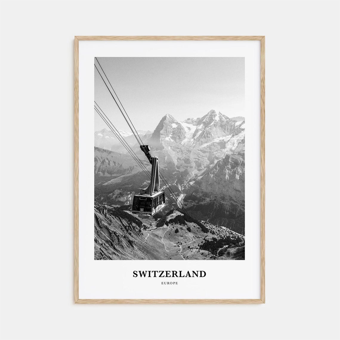 Switzerland Alpine Cable Car Mountain Black White Photo Poster