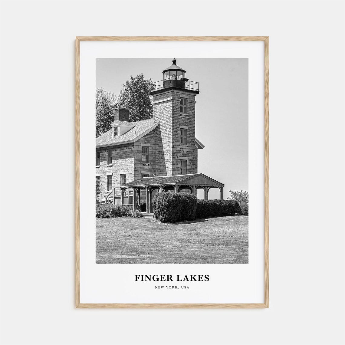 Finger Lakes New York Stone Lighthouse Black and White Poster