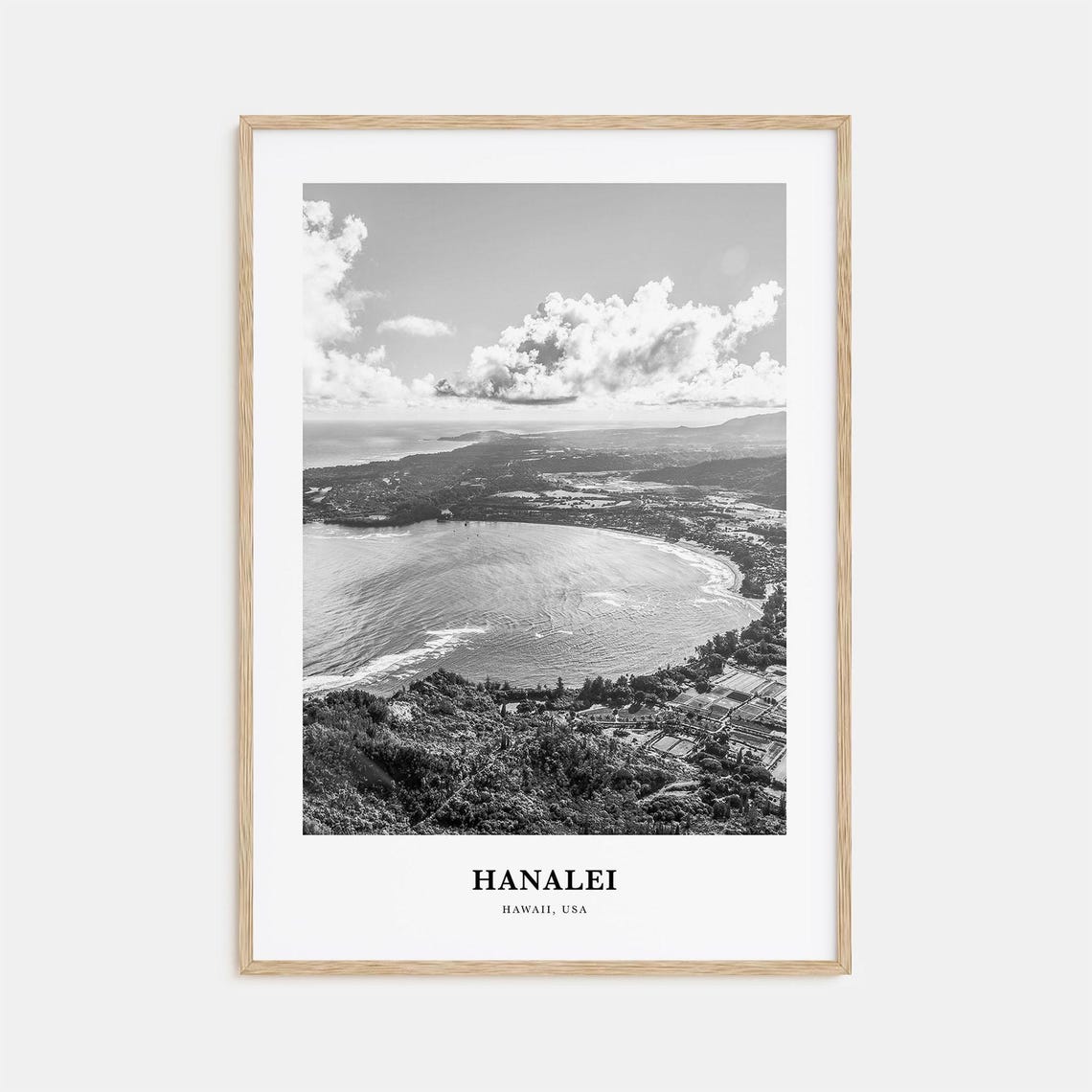 Hanalei Hawaii Crescent Bay Beach Aerial Panorama Black White Poster