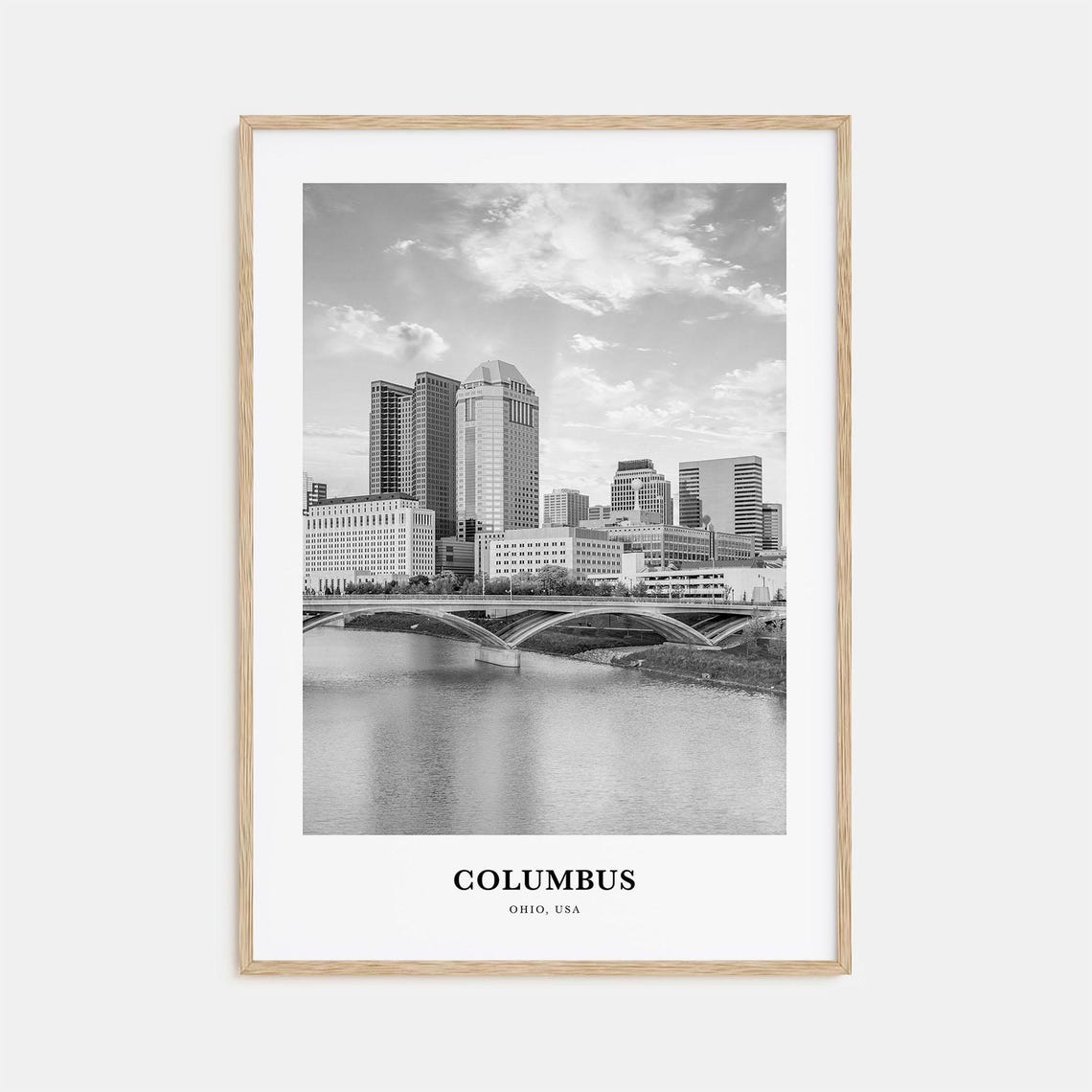 Columbus Ohio Skyline Over Scioto River Bridge Black and White Poster
