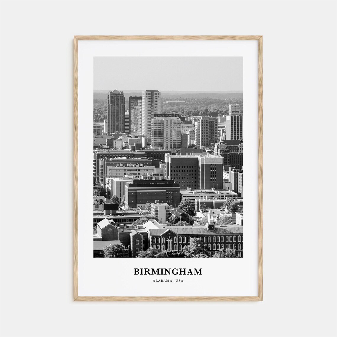 Birmingham Alabama Downtown Skyline Black and White Travel Poster