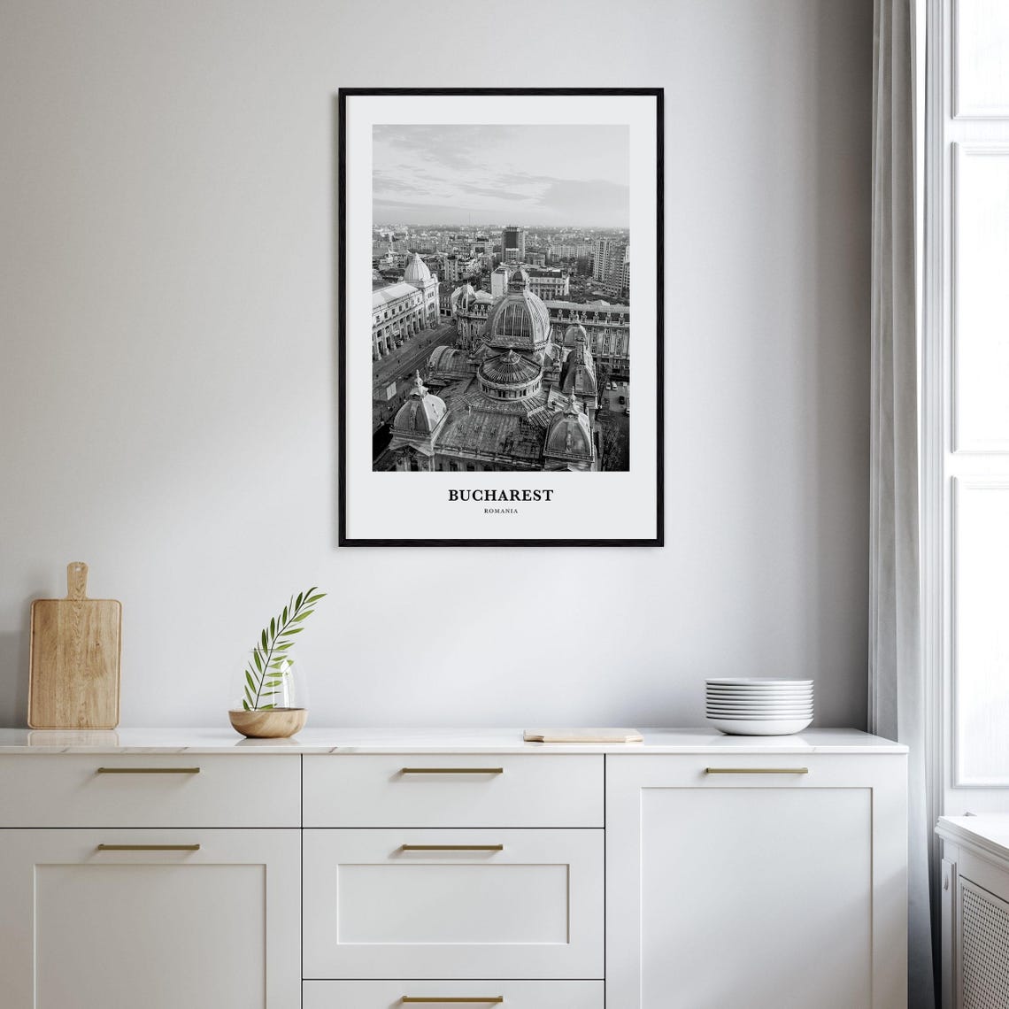 Bucharest Romania Historic Domes Aerial Black and White Poster - Image 2