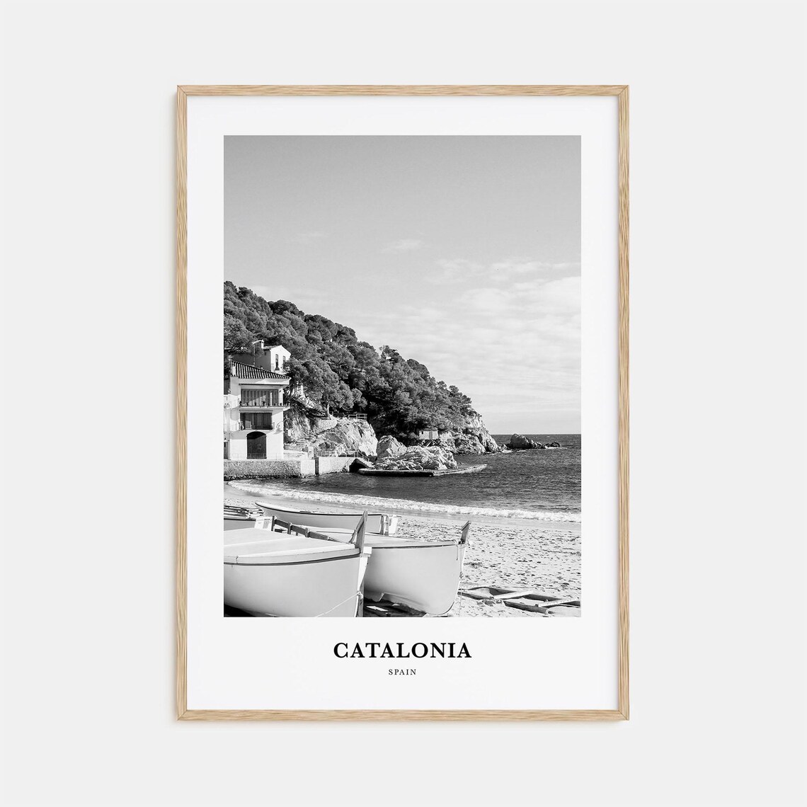 Catalonia Spain Fishing Boats Sandy Beach Black White Travel Poster