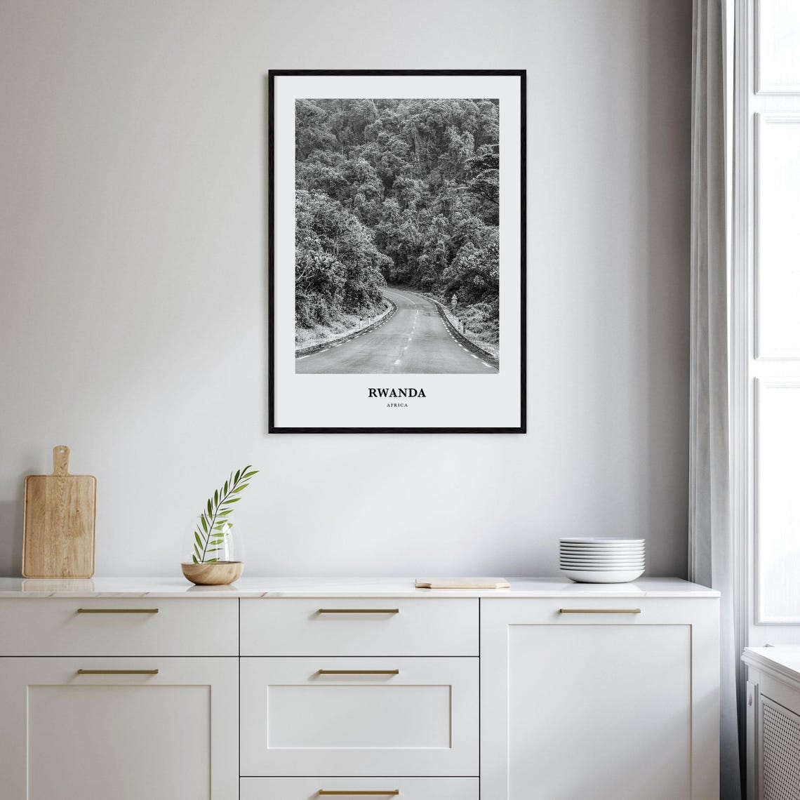 Rwanda Africa Winding Road Through Lush Forest Black And White Poster - Image 2