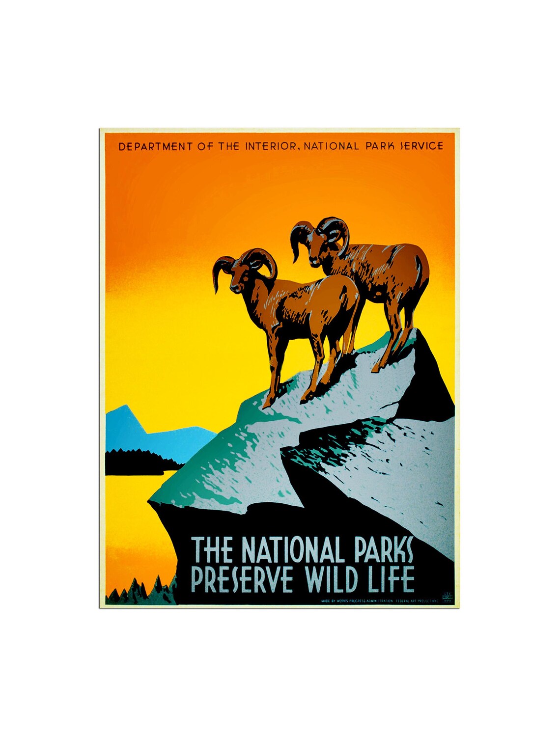 National Parks Preserve Wild Life Bighorn Sheep WPA Sunset Poster