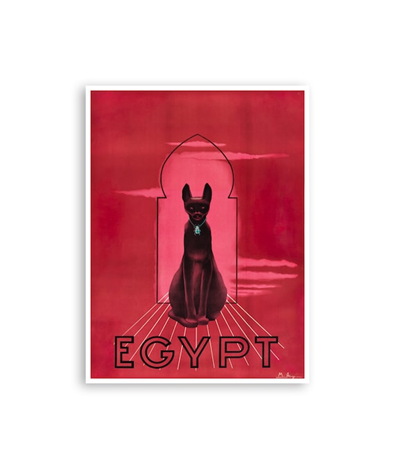 Egypt Black Cat Bastet Art Deco Red Vintage Travel Poster Artwork
