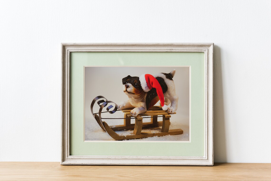 Christmas Puppy In Santa Hat Sitting On Wooden Sleigh In Snow Poster - Image 4