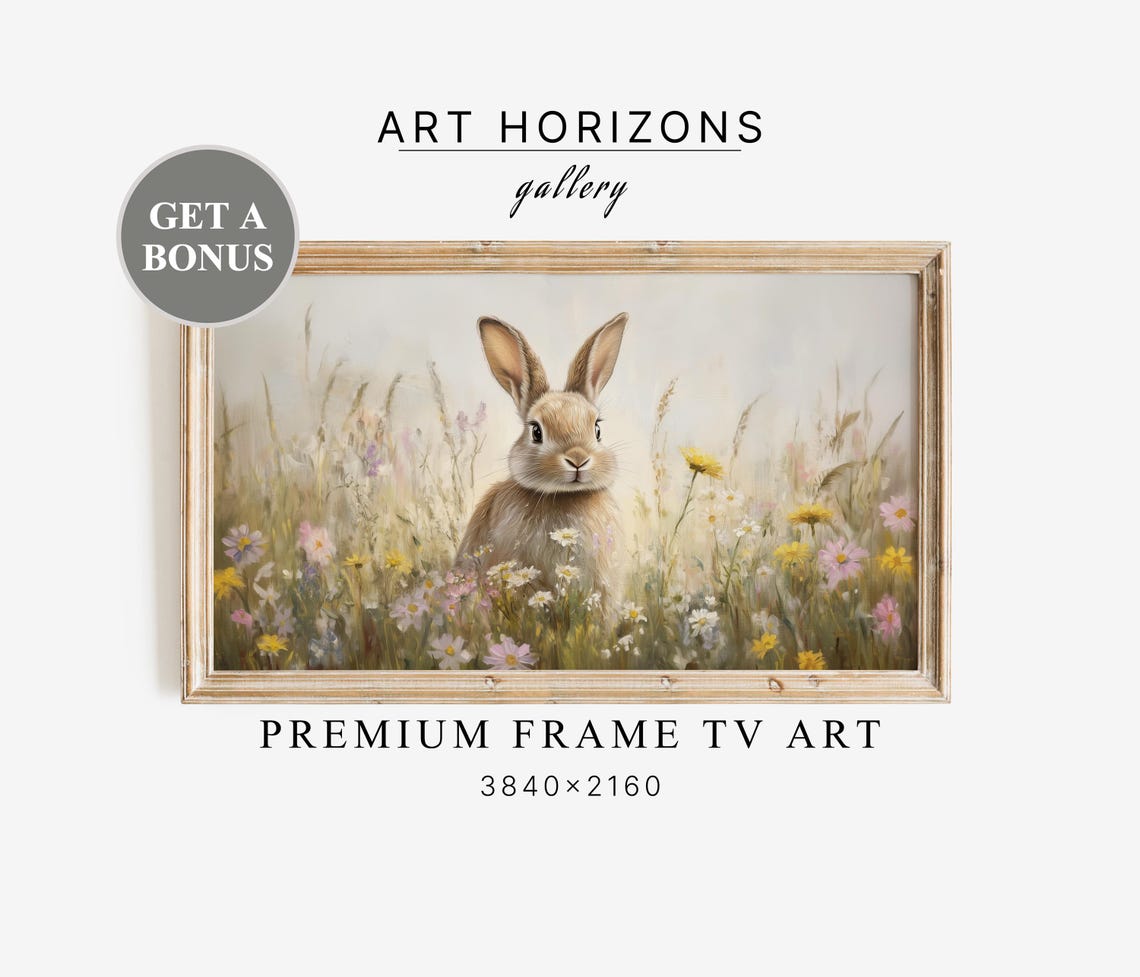 Spring Wildflower Field Bunny Easter Nursery Oil Painting Poster