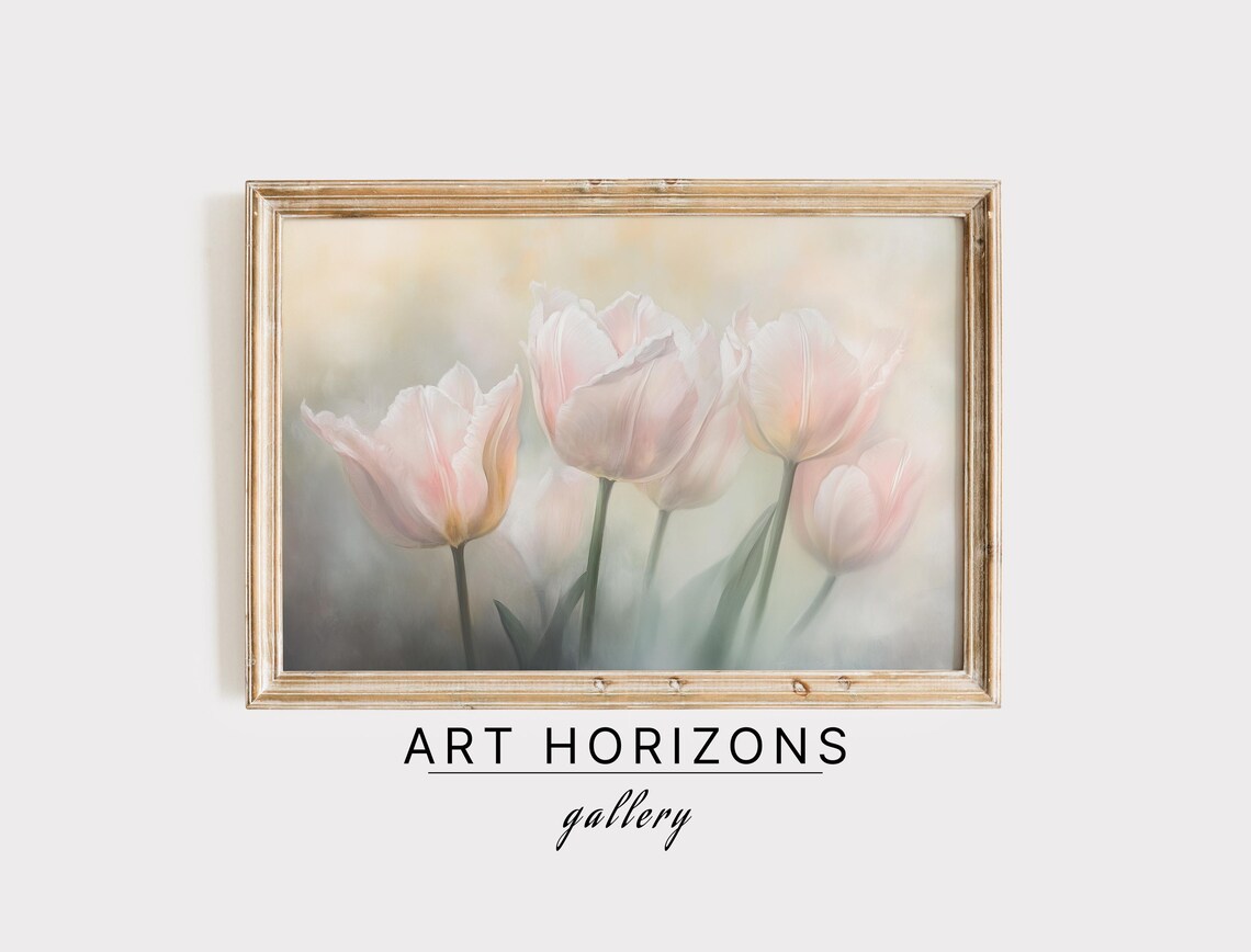 Pale Pink Tulips In Soft Misty Light Dreamy Floral Oil Painting Poster