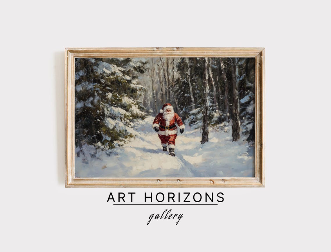 Santa Claus Print Vintage Christmas Wall Art Christmas Oil Painting Holiday Christmas Snowy Forest Painting Art A6
