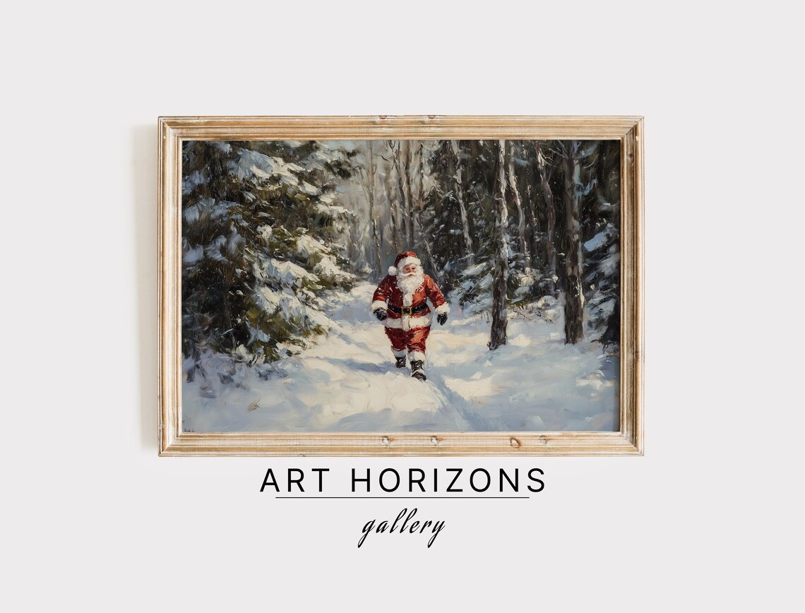 Santa Claus Walking Snowy Forest Path Pine Trees Vintage Christmas Art