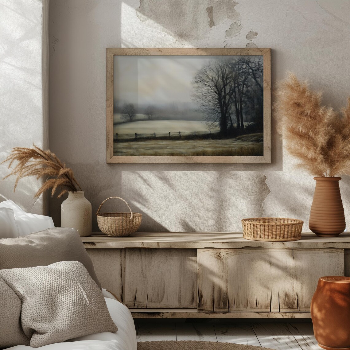 Foggy Meadow With Bare Trees And Fence Muted Autumn Art Poster - Image 2