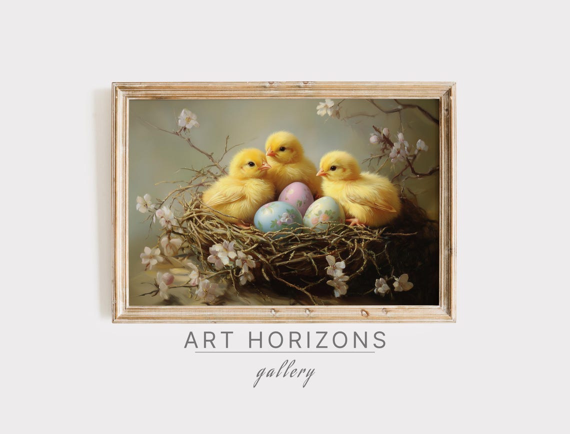 Baby Chicks Nest Easter Eggs Spring Blossom Vintage Animal Art Poster