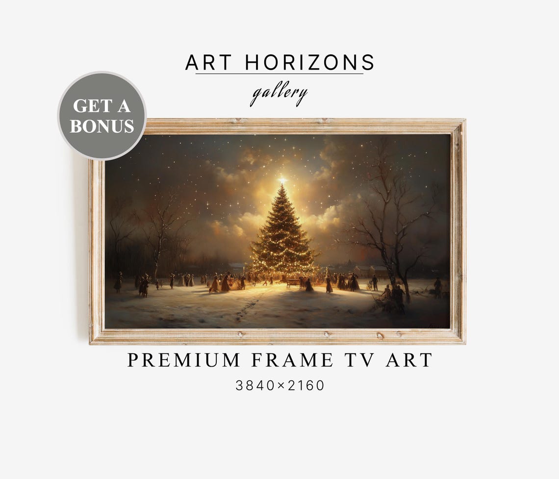Christmas Tree Lighting Ceremony Snowy Square Night Crowd Print