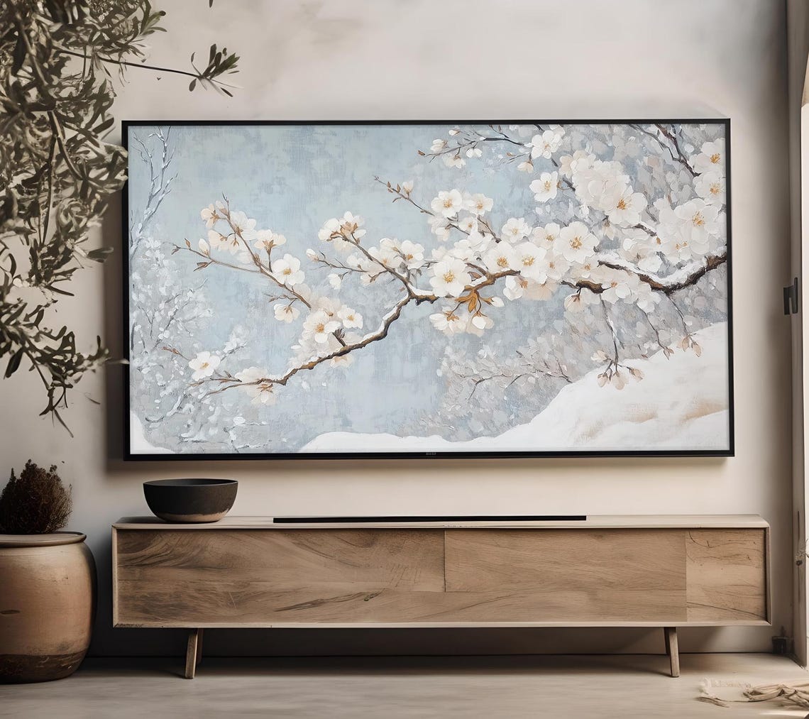 White Cherry Blossoms Snow Covered Branches Winter Floral Art Poster - Image 4