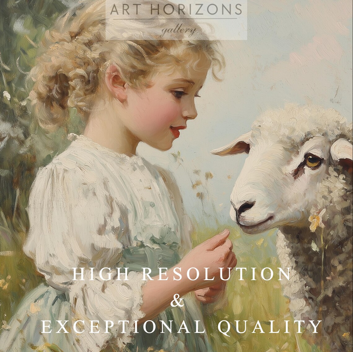 Little Girl and Sheep Lamb, Vintage Oil Art Print - Image 2