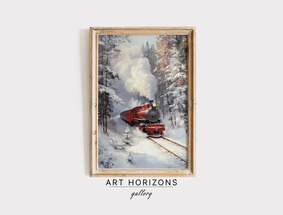 Christmas Express Train Moody Winter Landscape Snowy Railroad Wall Art Christmas Home Decor Print A5