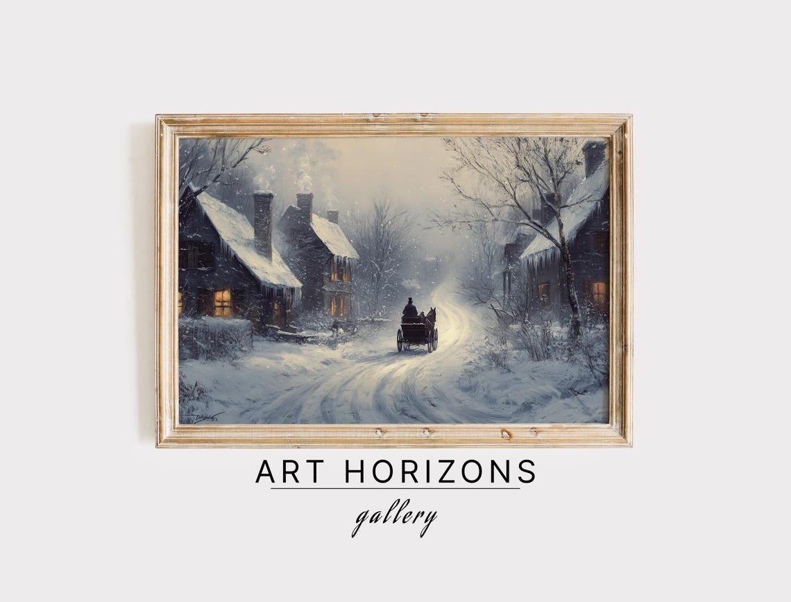 Country Winter Sleigh Ride Oil Painting Wall Art Vintage Holiday Farmhouse Art Victorian Artwork Winter Village Wall Art A193