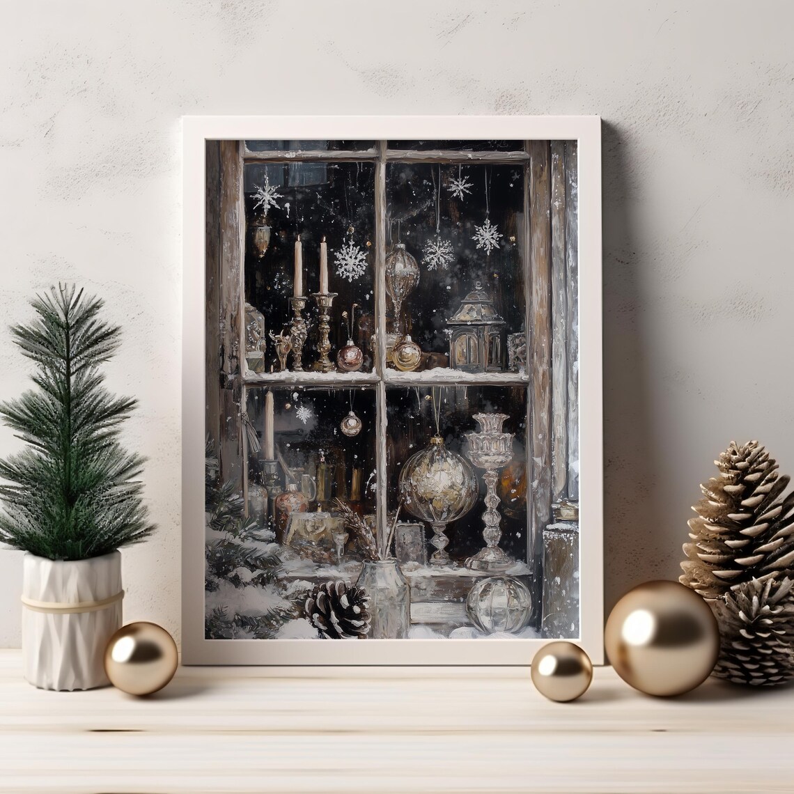Vintage Christmas Shop Window Candles Ornaments Snow Antique Print - Image 2
