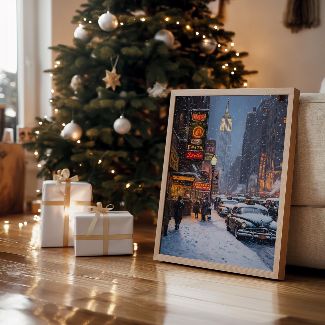 Vintage New York Snowy Night Street Empire State Building Poster - Image 3