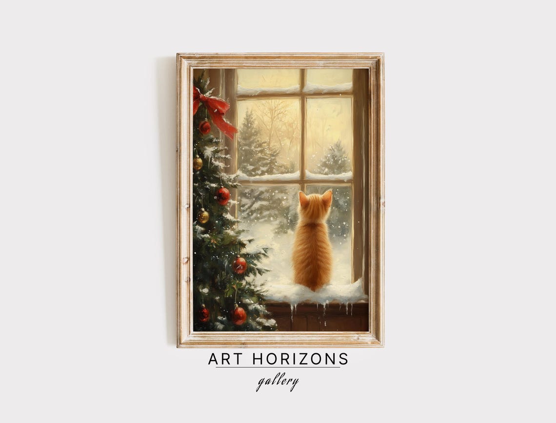 Ginger Kitten on Snowy Windowsill Christmas Tree Holiday Art Print