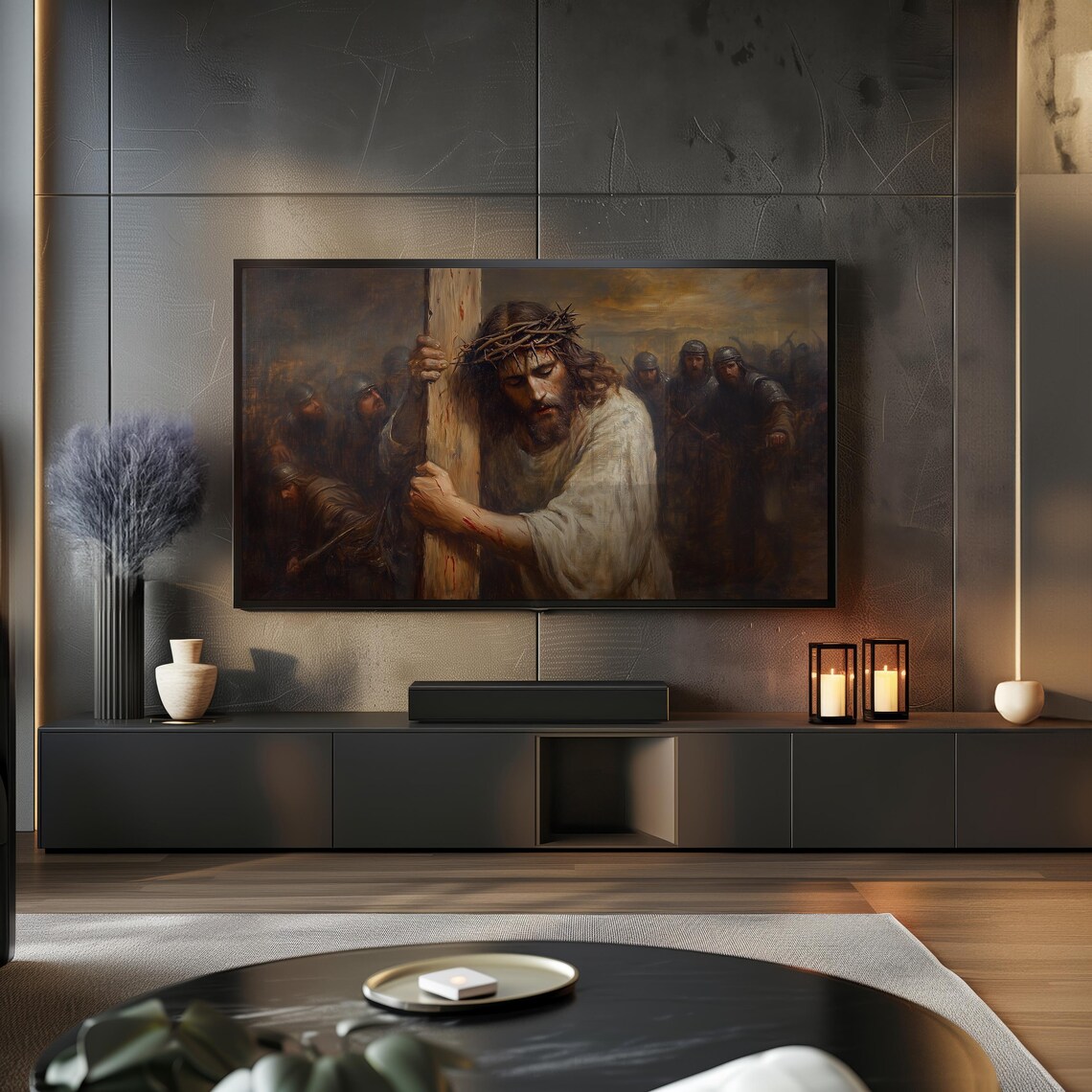 Jesus Christ Carrying Cross, Calvary Oil Painting - Image 2