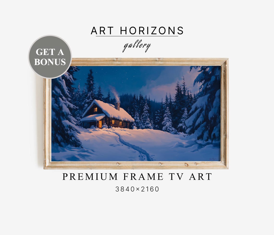 Cozy Log Cabin Snowy Pine Forest Twilight Glowing Windows Poster