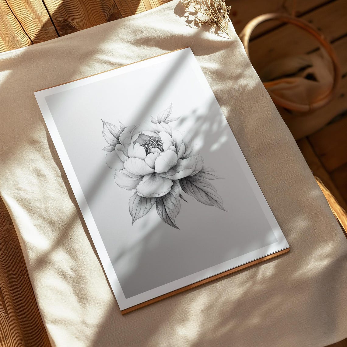 Peony Bloom Detailed Sketch Gray Monochrome Botanical Art Style Poster - Image 4