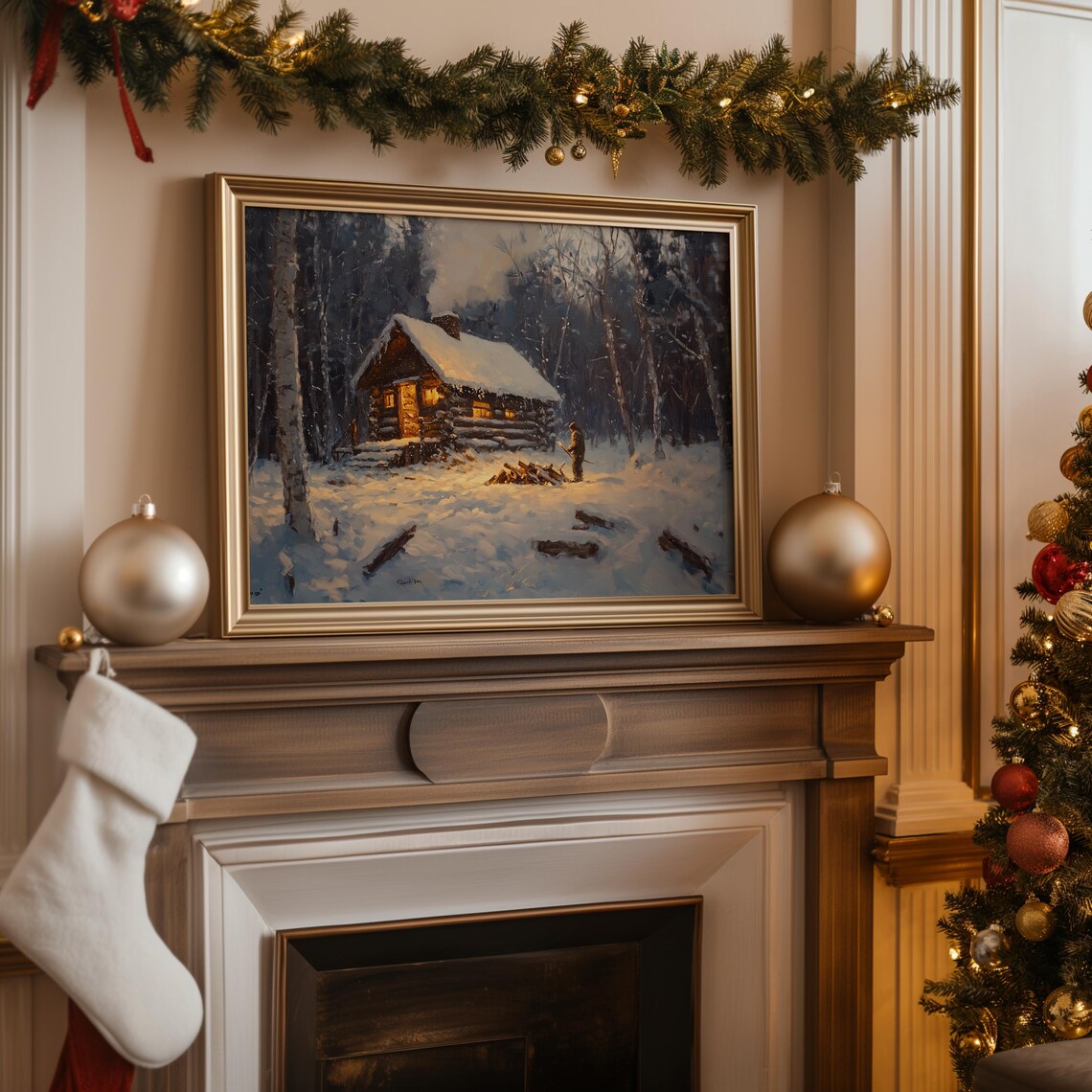 Log Cabin Night Glowing Windows Woodpile Snowy Forest Winter Poster - Image 4