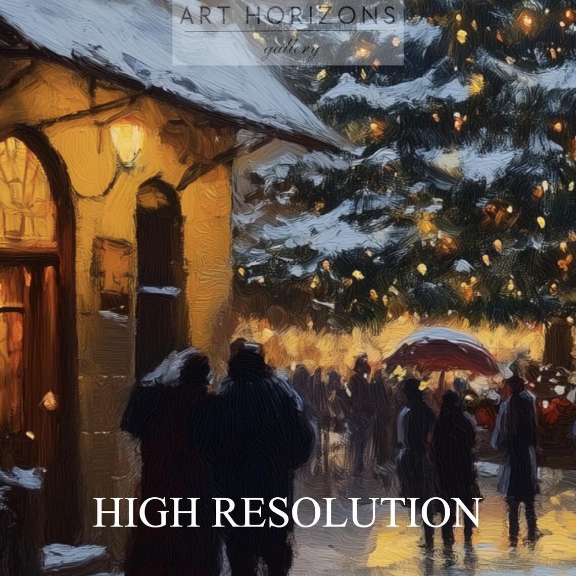 Snowy European Old Town Street Christmas Tree Night Travel Poster - Image 3