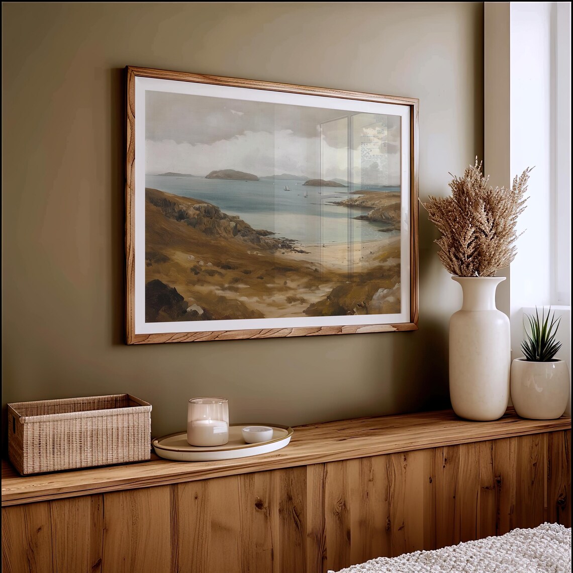 Muted Coastal Seascape With Sandy Beach And Distant Islands Vintage Poster - Image 2