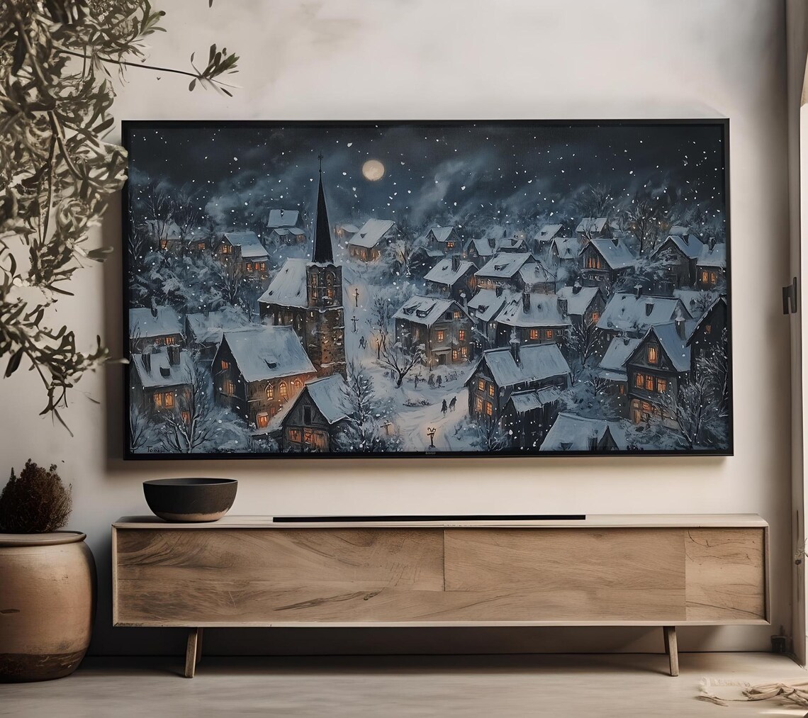 Snowy European Town Night Aerial Church Spire Moon Art Print - Image 4