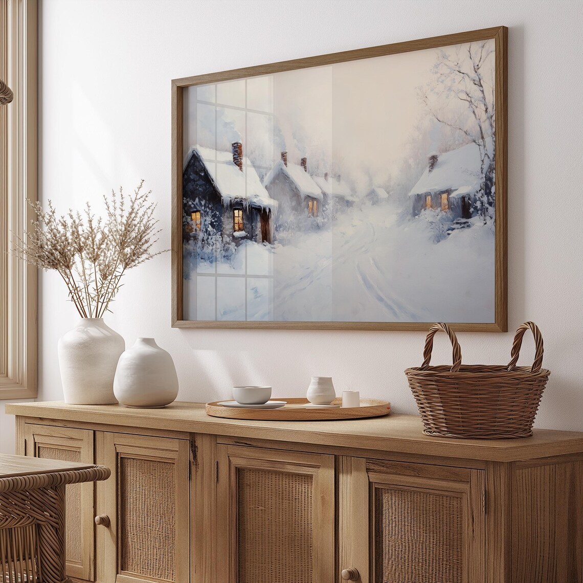 Misty Snowy Village Lane with Glowing Cottages Winter Travel Poster - Image 2