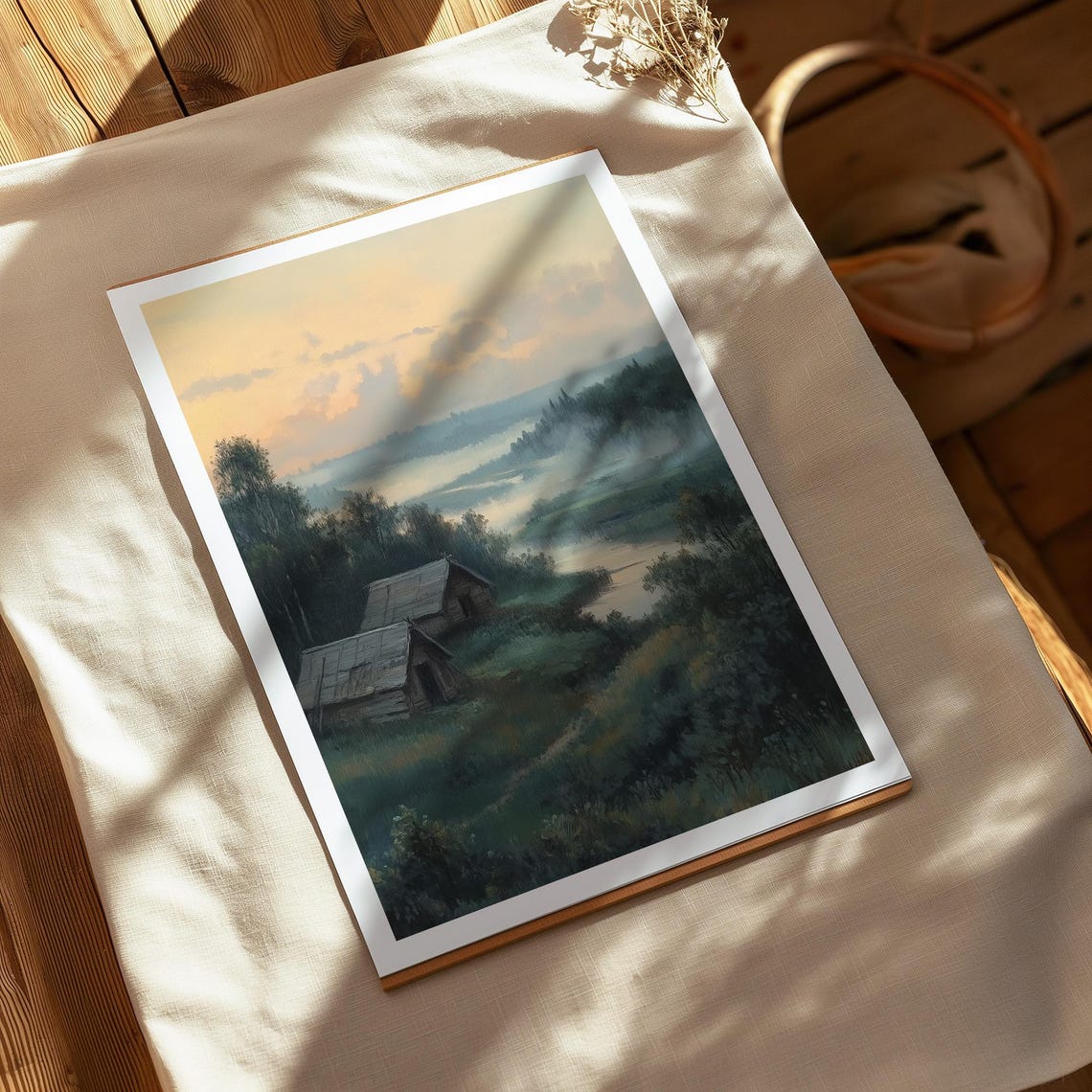 Rustic Cabins Misty River Dawn Vintage Countryside Landscape Poster - Image 3