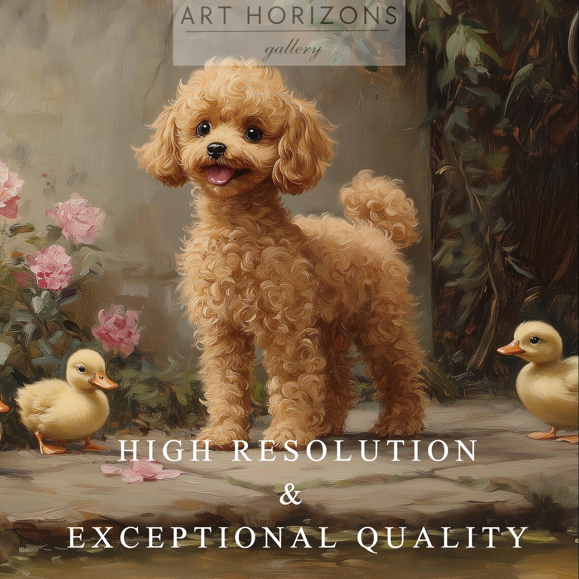 Apricot Poodle Puppy With Ducklings By A Pond Garden Painting Poster - Image 3