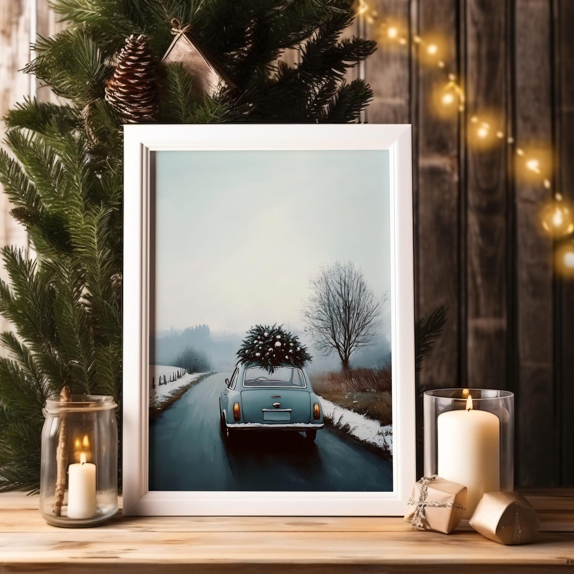 Vintage Blue Car With Christmas Tree On Roof Snowy Road Art Print - Image 2