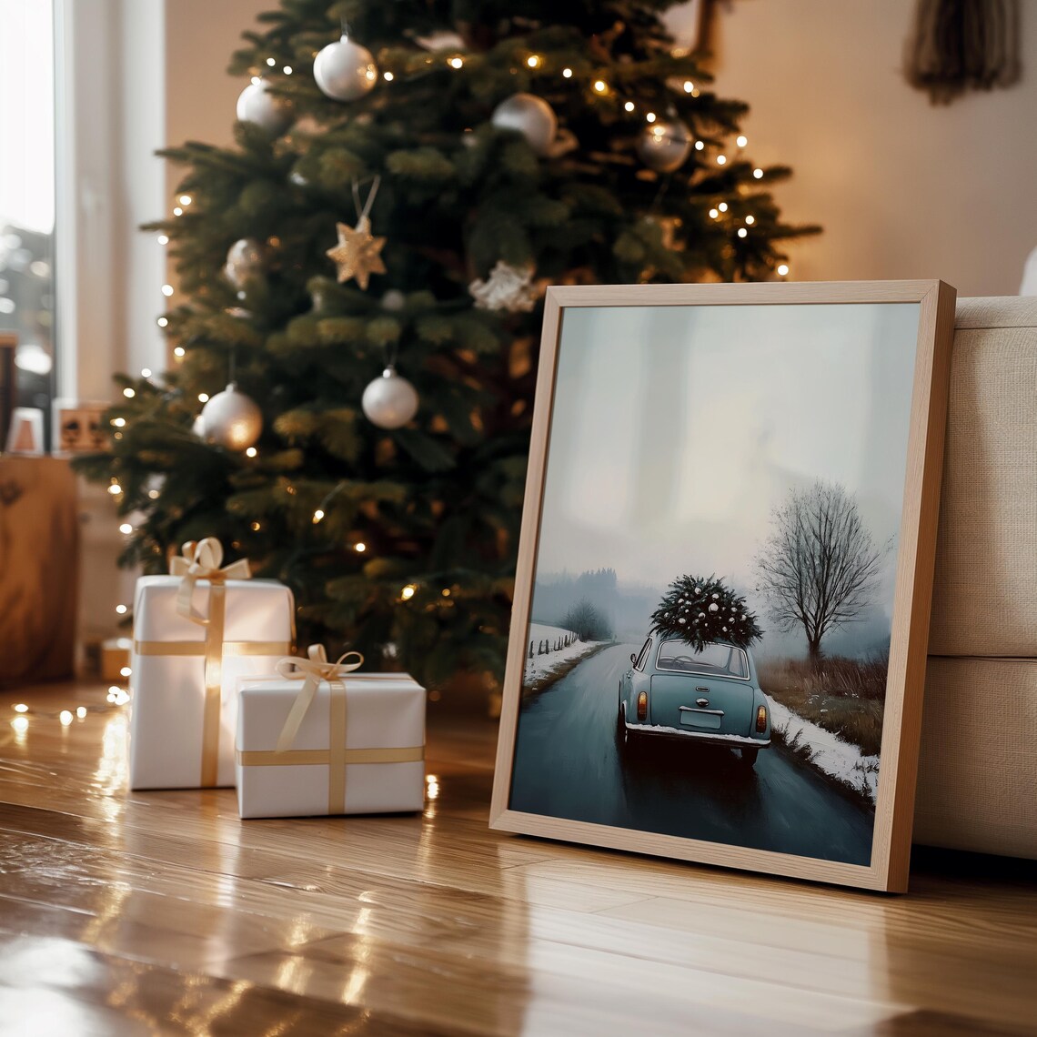 Vintage Blue Car With Christmas Tree On Roof Snowy Road Art Print - Image 4