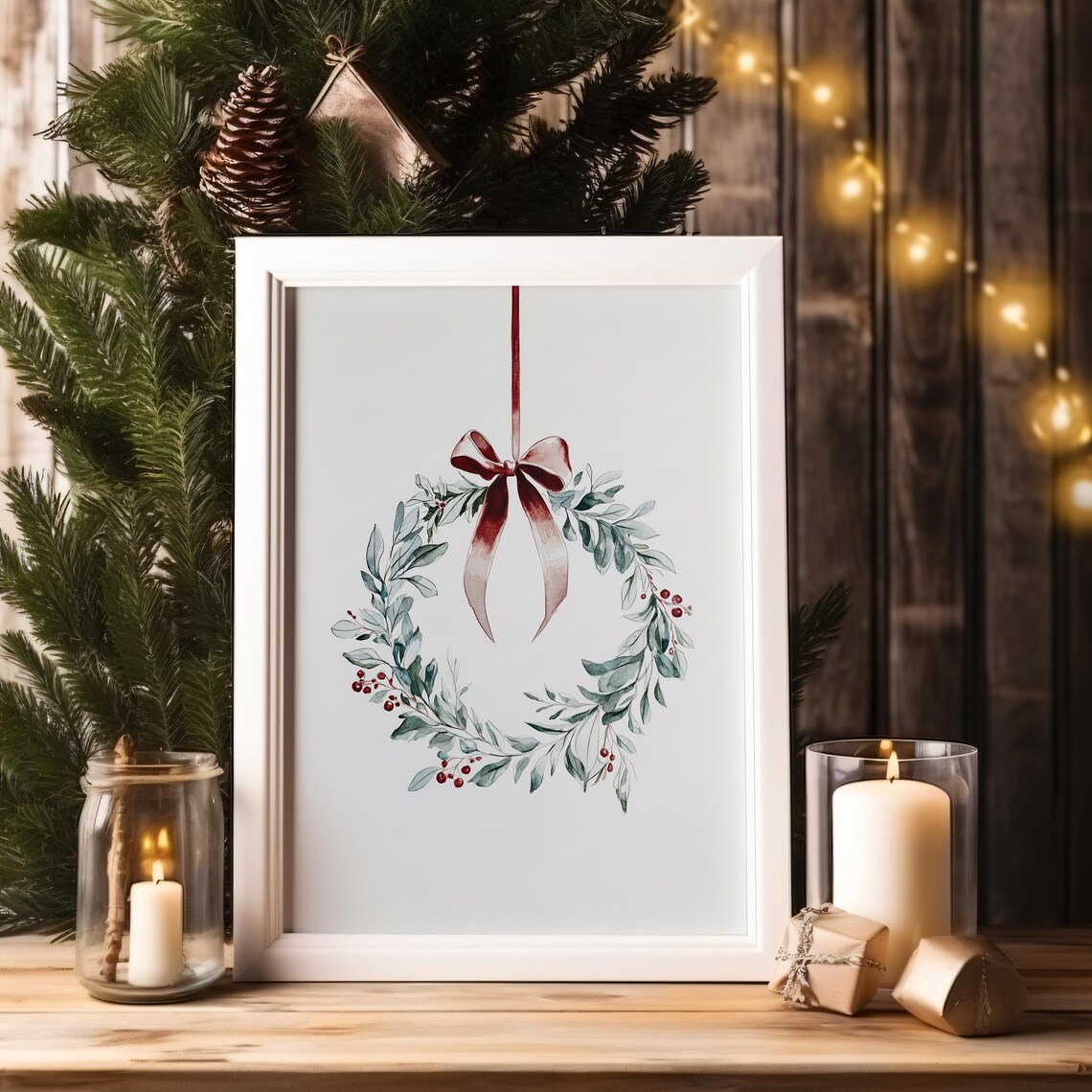Watercolor Christmas Wreath Eucalyptus Berries Burgundy Ribbon Print - Image 4