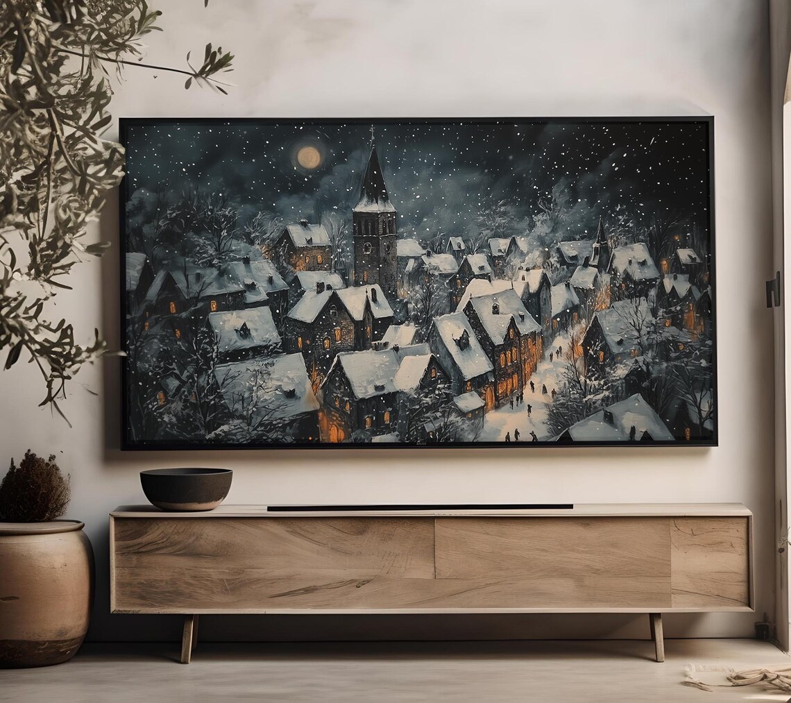 Snowy Village Night Church Tower Moonlit Winter Holiday Scene Poster - Image 2