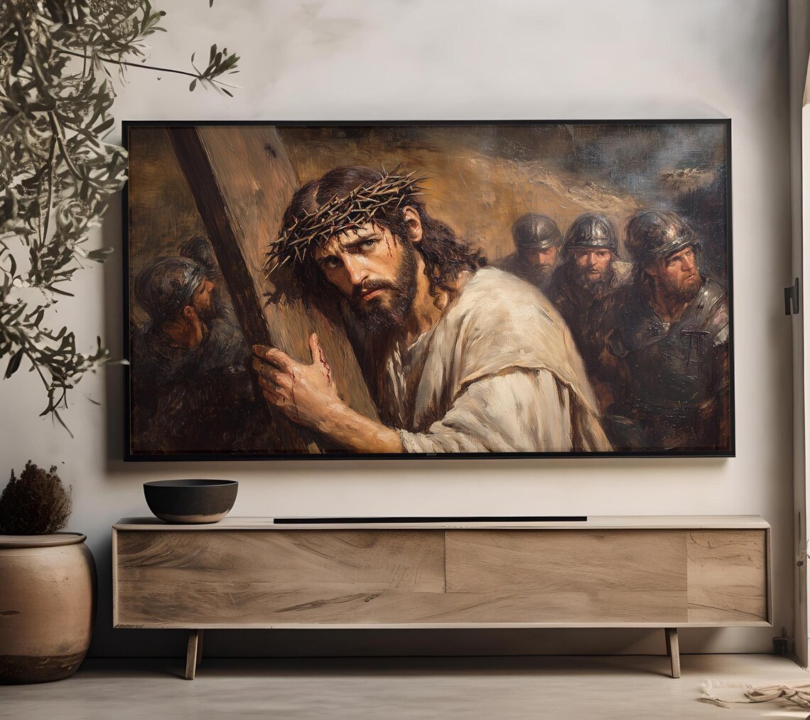 Jesus Carrying The Cross Crown Of Thorns Dramatic Biblical Oil Painting Poster - Image 4