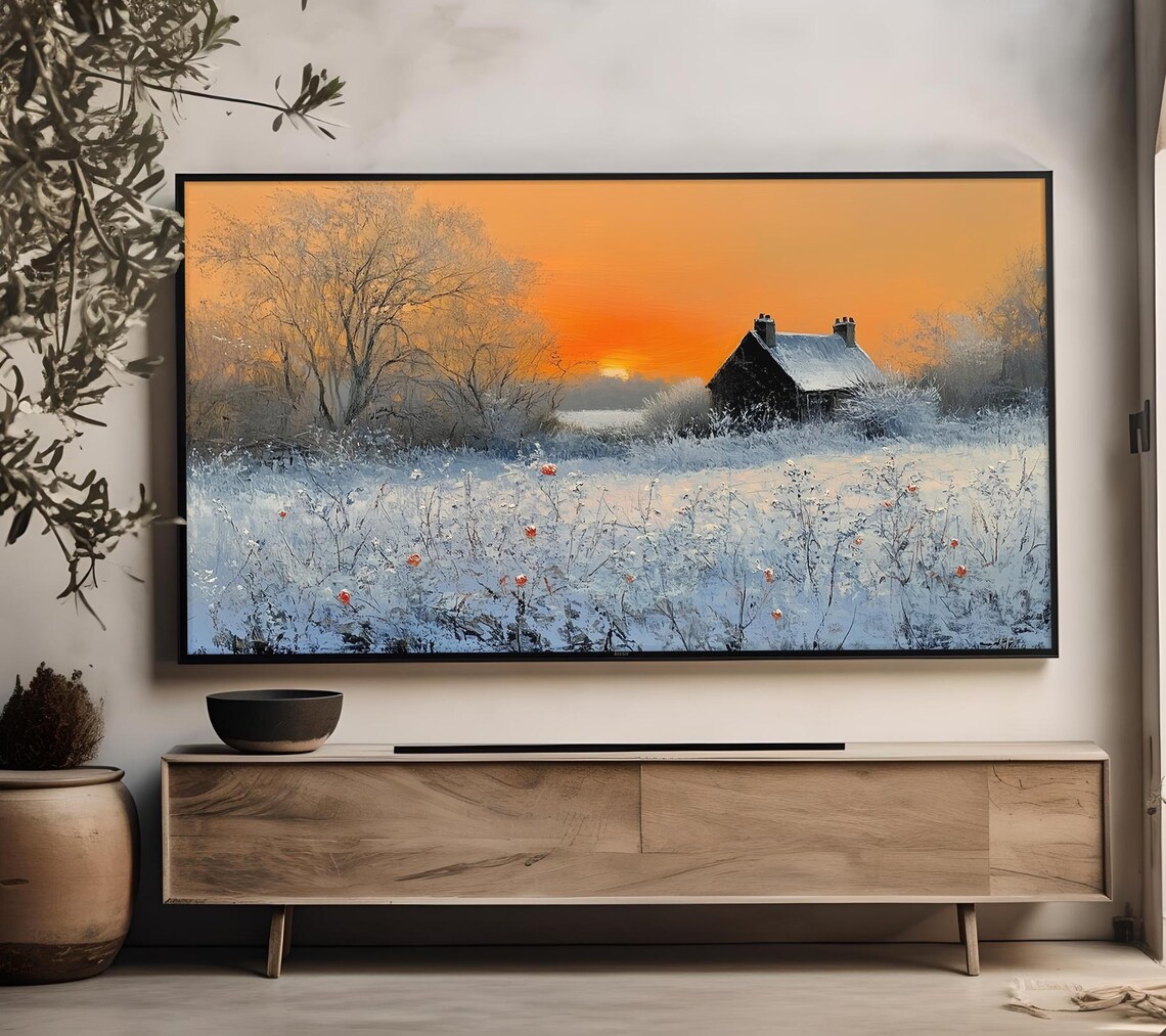 Snowy Farmhouse At Blazing Orange Sunset Winter Frame TV Art Poster - Image 4
