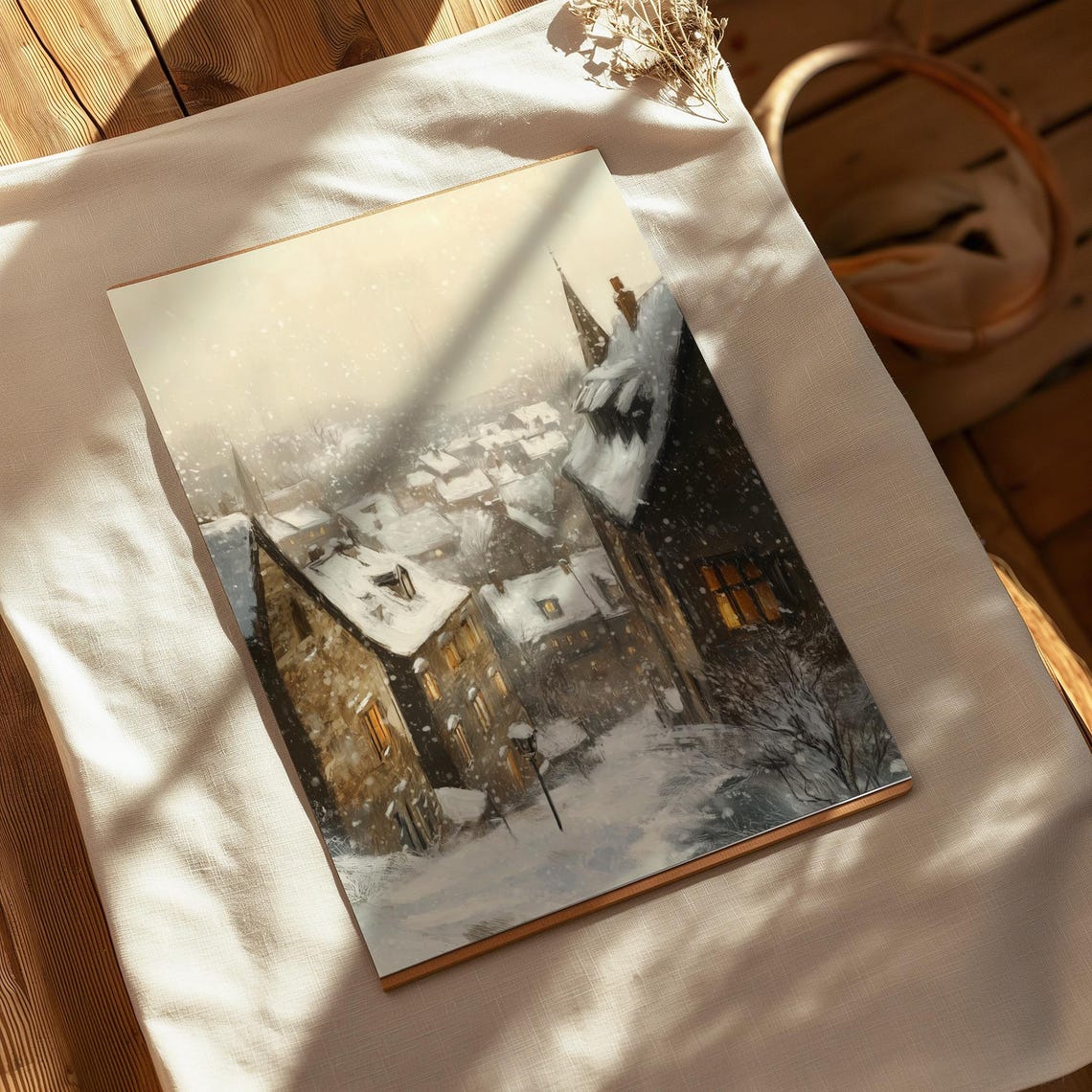Snowy Street Of An Old Village Art Vintage Style Oil Painting Antique Winter Wall Art Rustic Cottagecore Holiday Decor Art A186 - Image 4