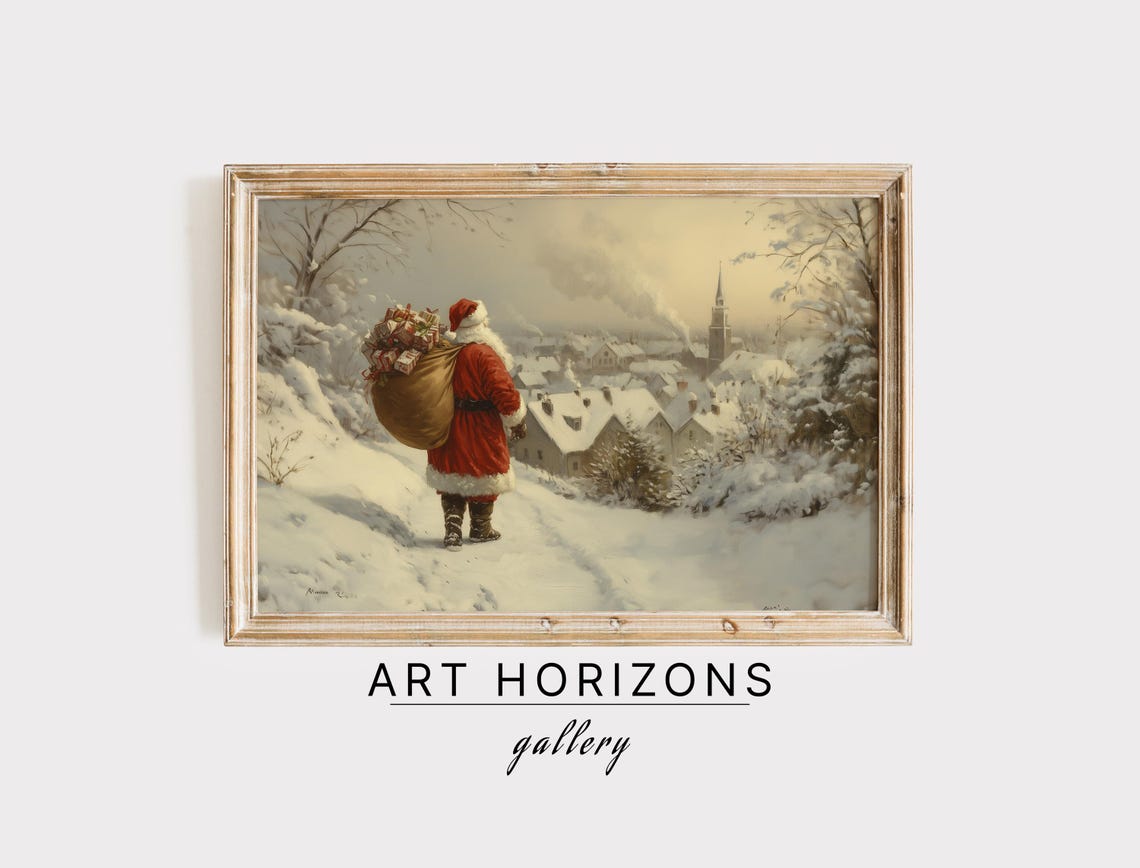 Vintage Santa Claus Wall Art Snowy Village Art Farmhouse Christmas Print Festive Holiday Home Decor Santa Claus Painting A10