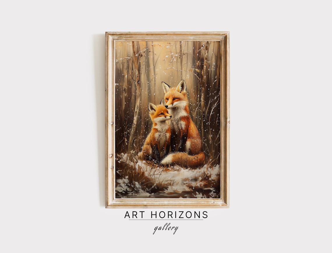 Red Fox Mother And Cub Cuddling In Snowy Woods Golden Art Poster