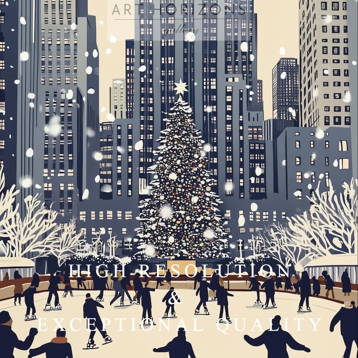 New York Ice Skating Rink Christmas Tree Retro Skyline Wall Art Print - Image 3