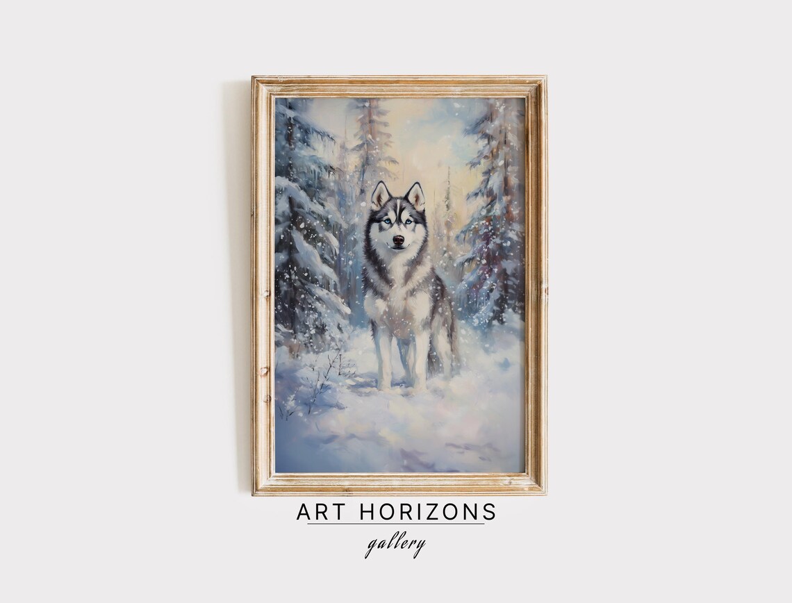 Husky Dog in Snowy Forest Winter Oil Painting Animal Portrait Poster