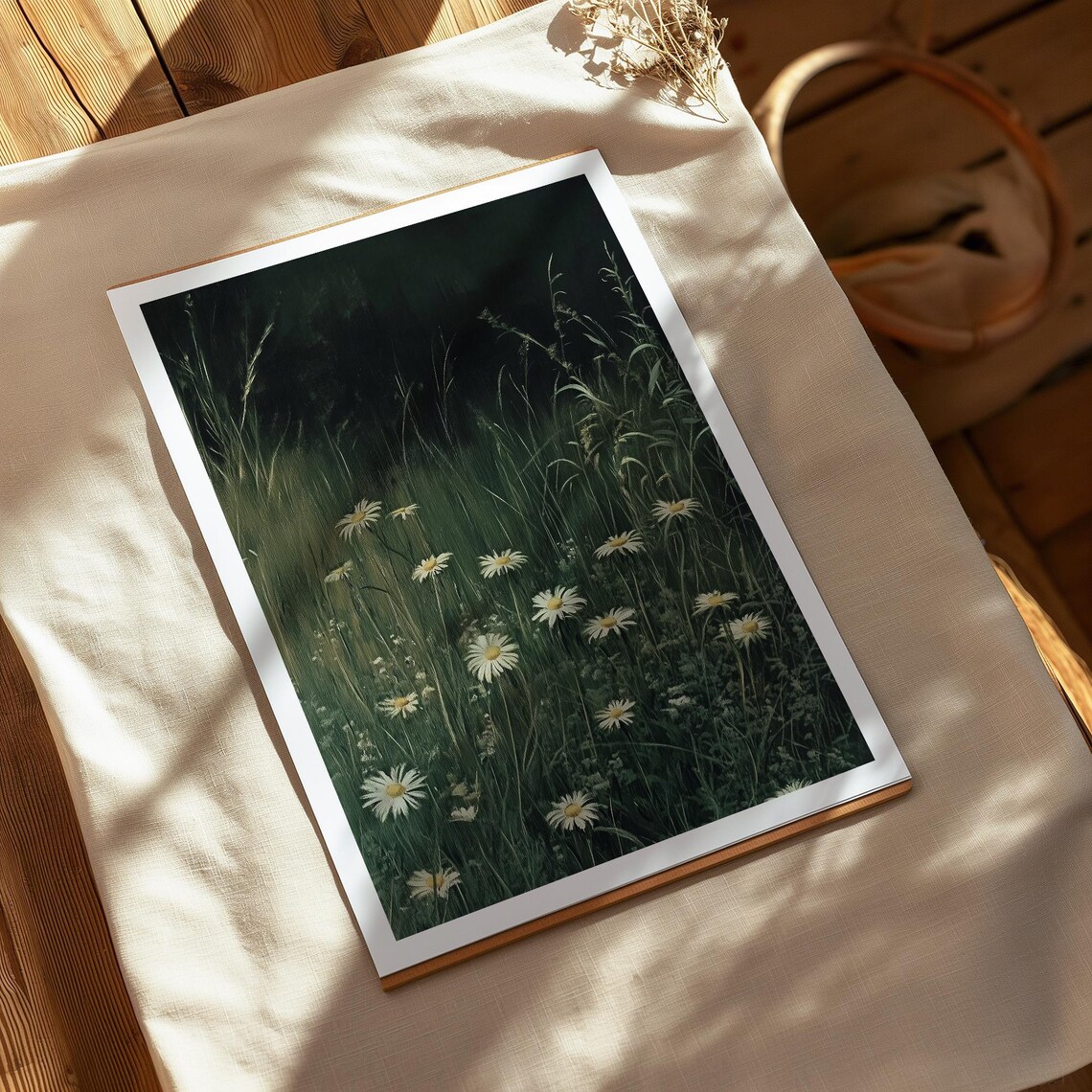 White Daisies Dark Moody Meadow Oil Painting Summer Wildflower Poster - Image 3