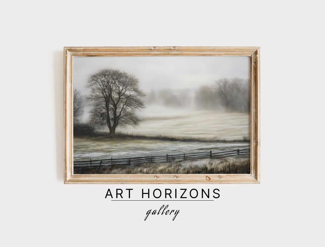 Misty Winter Field Fence Bare Trees Neutral Farmhouse Wall Art Poster