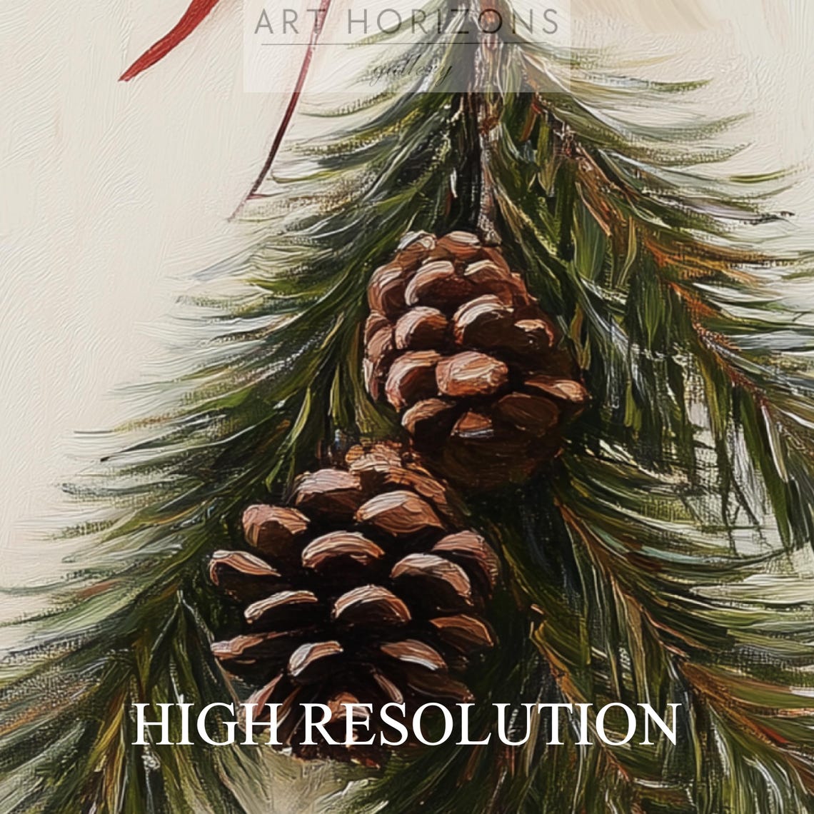 Pine Branch with Pinecones Red Ribbon Minimalist Holiday Art Print - Image 3
